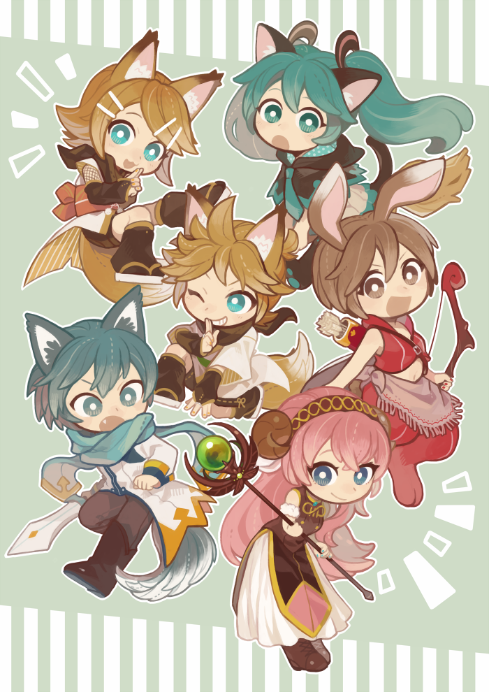 >:d, >:o, /\/\/\, 2boys, 4girls, :3, :d, :o, adapted_costume, animal_ears, aqua_eyes, aqua_hair, aqua_necktie, arm_guards, arrow, bangs, bare_arms, black_boots, black_legwear, black_shorts, blonde_hair, blue_eyes, blue_hair, blue_scarf, boots, bow_(weapon), broom, broom_riding, brown_boots, brown_hair, capelet, clenched_hands, cloak, closed_mouth, cross-laced_footwear, dog_ears, fang, fishnets, fox_ears, fox_tail, fringe, furry, geta, grey_pants, grin, hair_ornament, hairclip, hatsune_miku, holding, holding_staff, holding_sword, holding_weapon, hood, hood_down, hooded_cloak, horns, kagamine_len, kagamine_rin, kaito, knee_boots, kneehighs, kuji-in, lace-up_boots, leaning_forward, leg_up, long_hair, long_sleeves, looking_at_another, looking_at_viewer, megurine_luka, meiko, miniskirt, multiple_boys, multiple_girls, nail_polish, navel, necktie, ninja, one_eye_closed, one_knee, open_mouth, outstretched_leg, own_hands_together, pants, pleated_skirt, polka_dot, quiver, red_nails, ribbon_trim, sawarabi, scarf, sheep_ears, sheep_horns, short_hair, shorts, simple_background, skirt, smile, staff, standing, stomach, striped, sword, tail, twintails, vertical_stripes, vocaloid, weapon