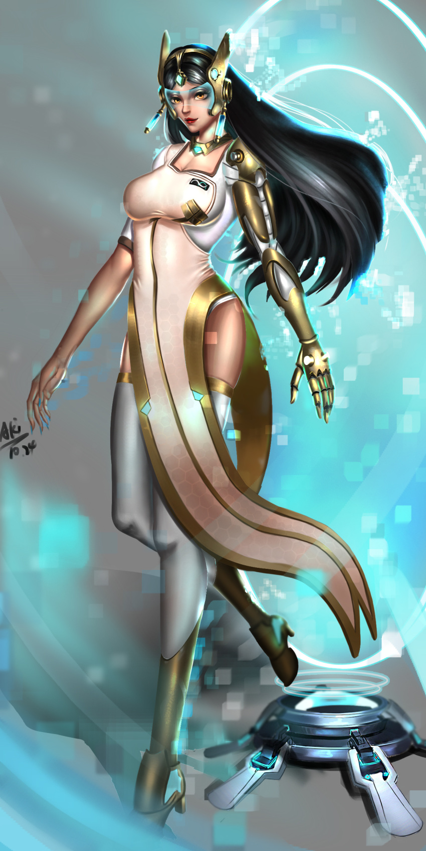 1girl, absurdres, akiak1, alternate_color, aqua_nails, artist_name, asymmetrical_clothes, bangs