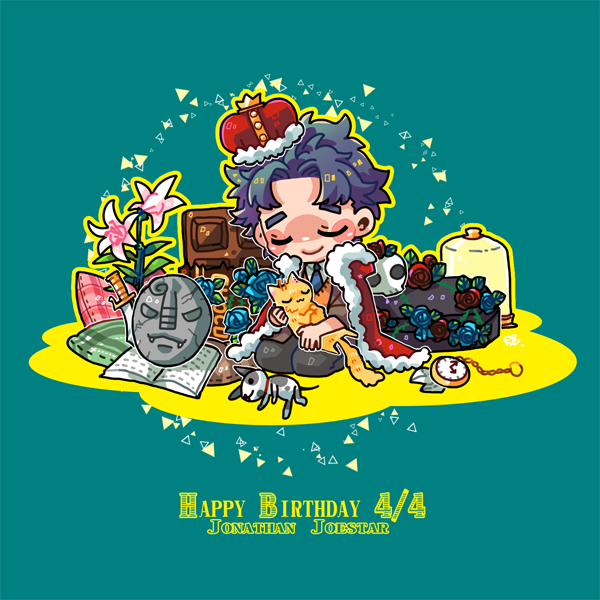 birthday, blue_hair, cat, chibi, crown, flower, happy_birthday, jojo_no_kimyou_na_bouken, jonathan_joestar, riceballs022, stone_mask_(jojo), stopwatch, watch