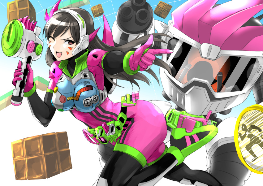 1girl, ;d, absurdres, alternate_costume, arm_cannon, armor, bangs, belt