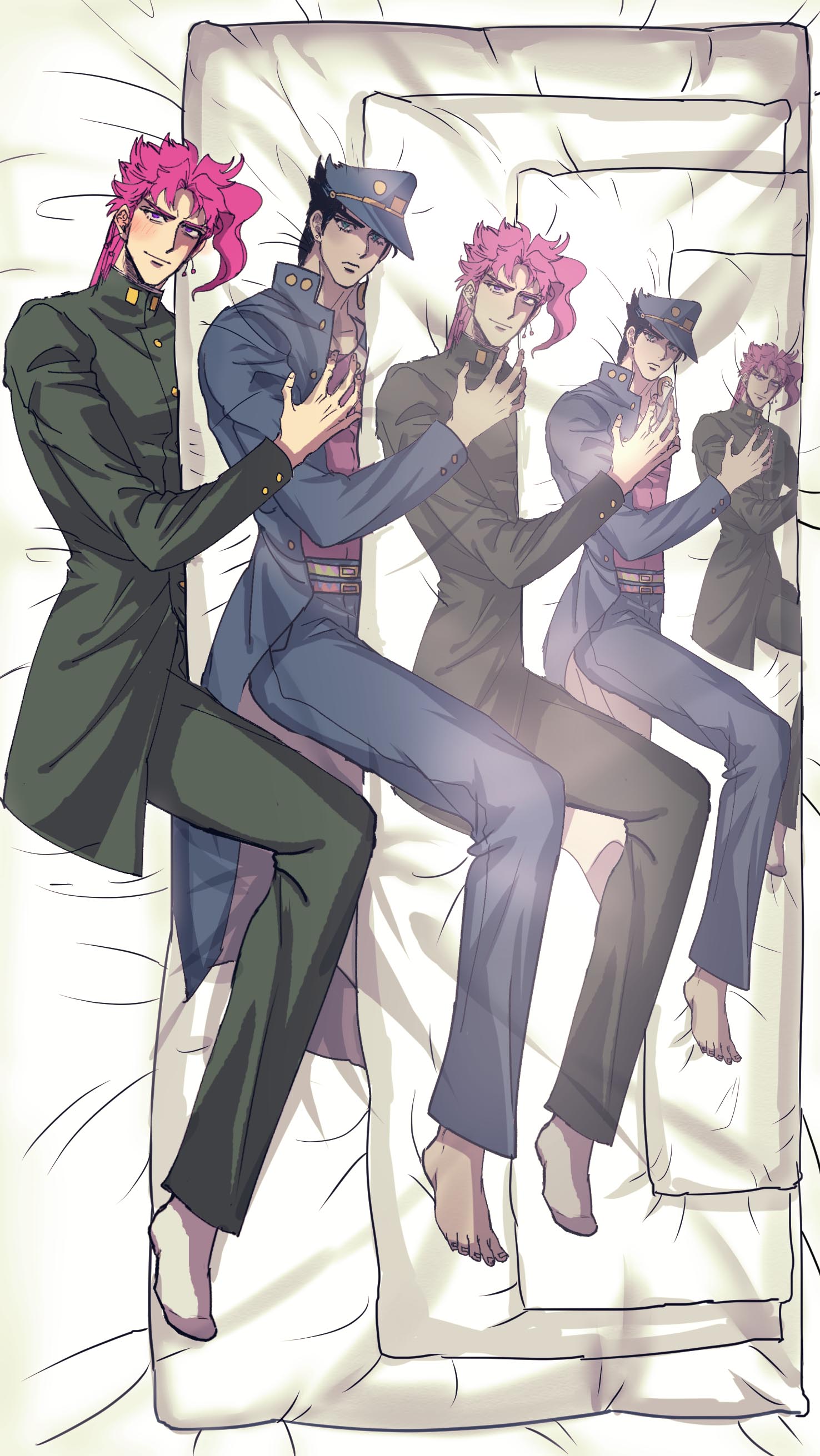 absurdres, black_hair, dakimakura_(object), green_eyes, gunbam, hat, highres, jojo_no_kimyou_na_bouken, kakyouin_noriaki, kuujou_joutarou, parody, pillow, pink_hair, recursion, violet_eyes