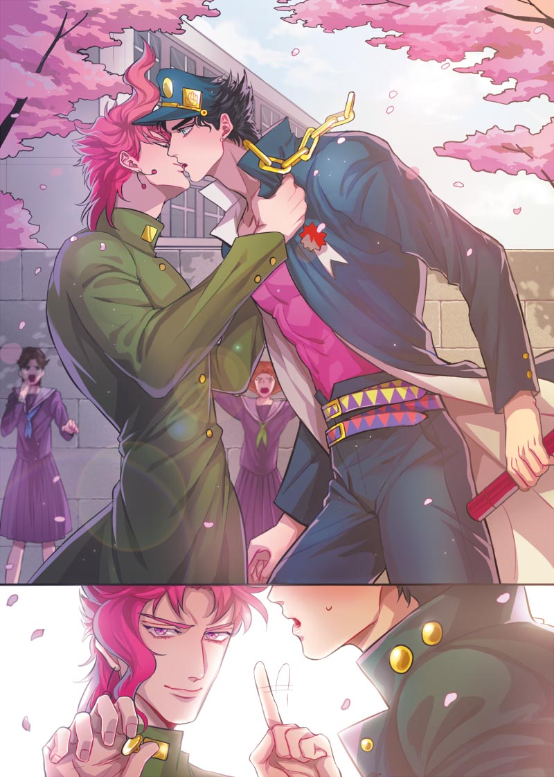 gakuran, gunbam, jojo_no_kimyou_na_bouken, kakyouin_noriaki, kiss, kuujou_joutarou, parody, pink_hair