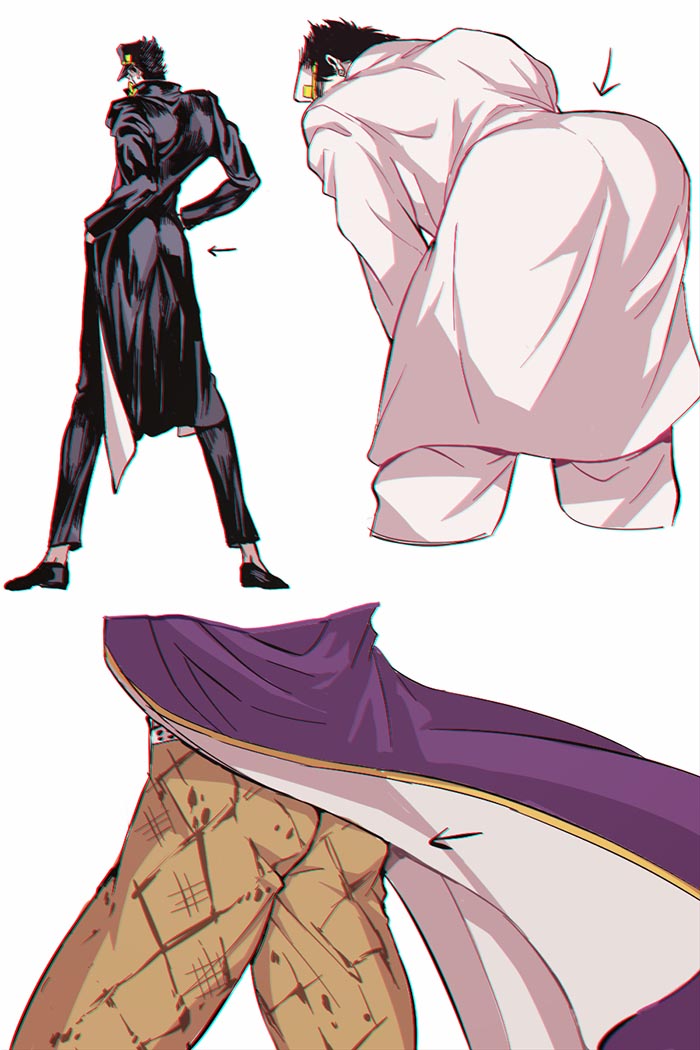 ass, gunbam, jojo_no_kimyou_na_bouken, kuujou_joutarou, long_coat, multiple_persona, snakeskin_print