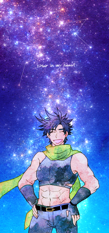 1boy, akasabi129, black_hair, constellation, hands_on_hips, jojo_no_kimyou_na_bouken, joseph_joestar_(young), midriff