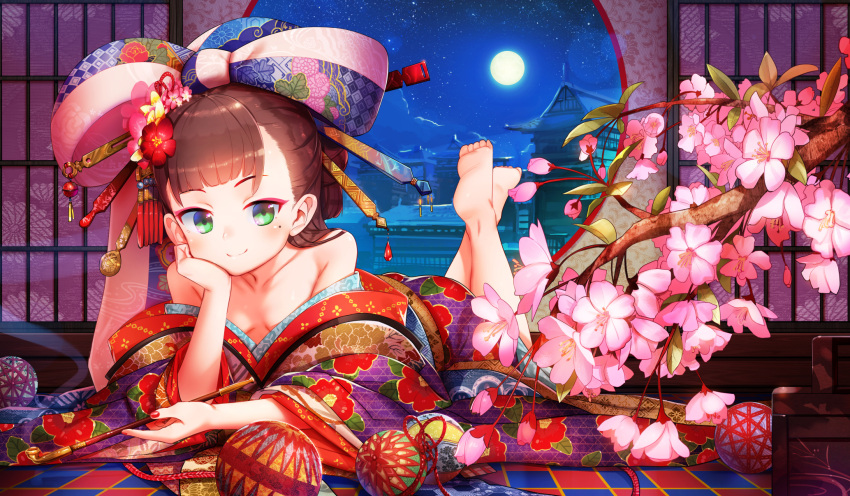 1girl, anne_(wixoss), bangs, bare_shoulders, barefoot, blunt_bangs, blush, bow