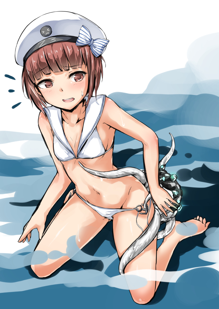 1girl, asagi_koko, auburn_hair, bikini, brown_eyes, brown_hair, clothes_writing, enemy_naval_mine_(kantai_collection)