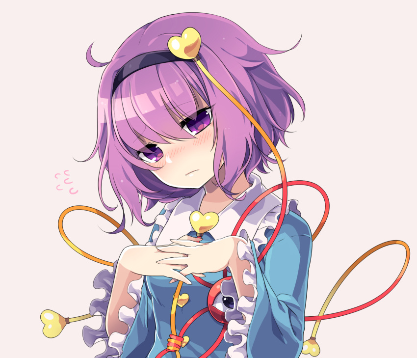 1girl, blue_shirt, blush, eyeball, flying_sweatdrops, frills, hairband, heart