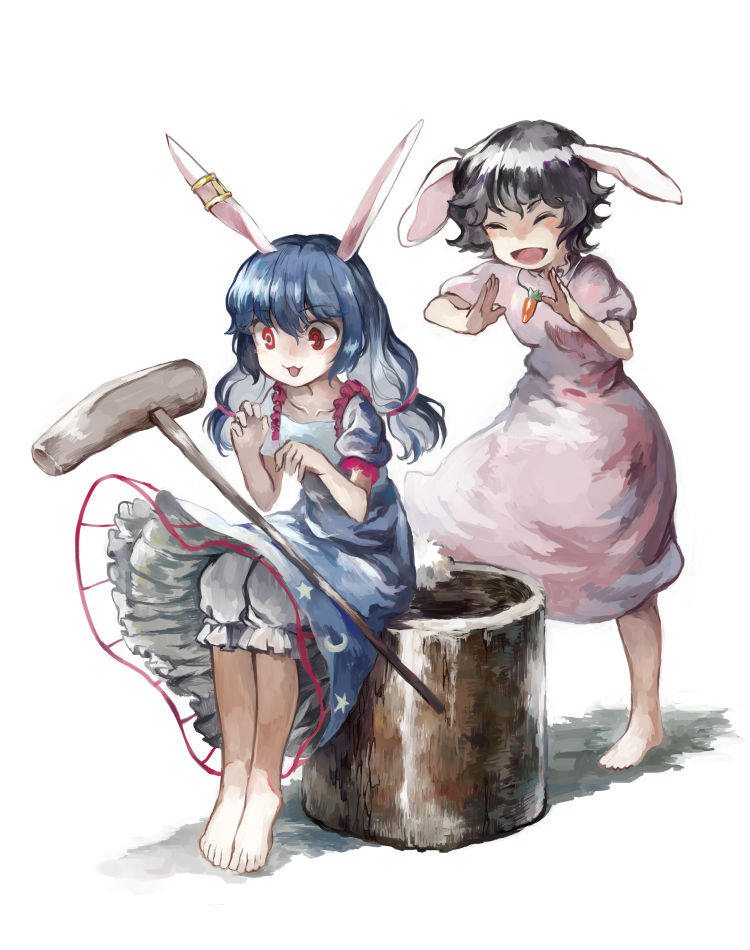 2girls, animal_ears, bangs, barefoot, black_hair, bloomers, blue_dress, blue_hair, bunny_tail, carrot_necklace, closed_eyes, commentary_request, dress, ear_clip, inaba_tewi, kine, kukkuru, low_twintails, multiple_girls, open_mouth, pink_dress, puffy_short_sleeves, puffy_sleeves, rabbit_ears, red_eyes, seiran_(touhou), short_hair, short_sleeves, simple_background, sitting, smile, surprised, tail, touhou, twintails, underwear, white_background