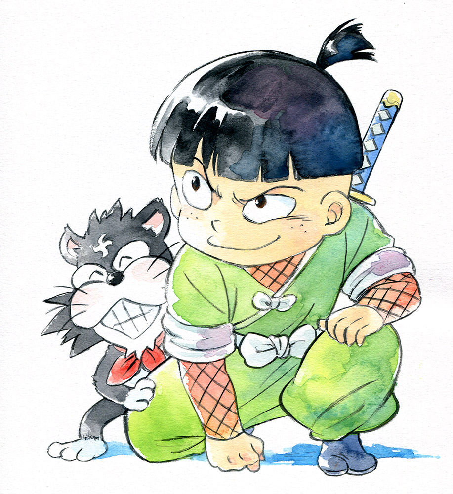 1boy, agahari, black_hair, cat, freckles, kagechiyo_(ninja_hattori-kun), kemumaki_kemuzou, kimotsuki_kaneta, ninja, ninja_hattori-kun, short_hair, short_ponytail, sword, traditional_media, weapon