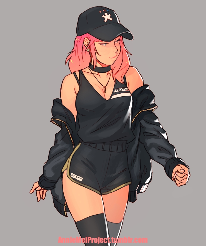 1girl, annie_mei, annie_mei_project, baseball_cap, black_legwear, bra_strap, breasts, caleb_thomas, choker, cleavage, colored, cowboy_shot, earrings, green_eyes, grey_background, hat, jacket, jewelry, long_hair, medium_breasts, necklace, off_shoulder, open_clothes, open_jacket, pink_hair, shorts, solo, tank_top, thigh-highs