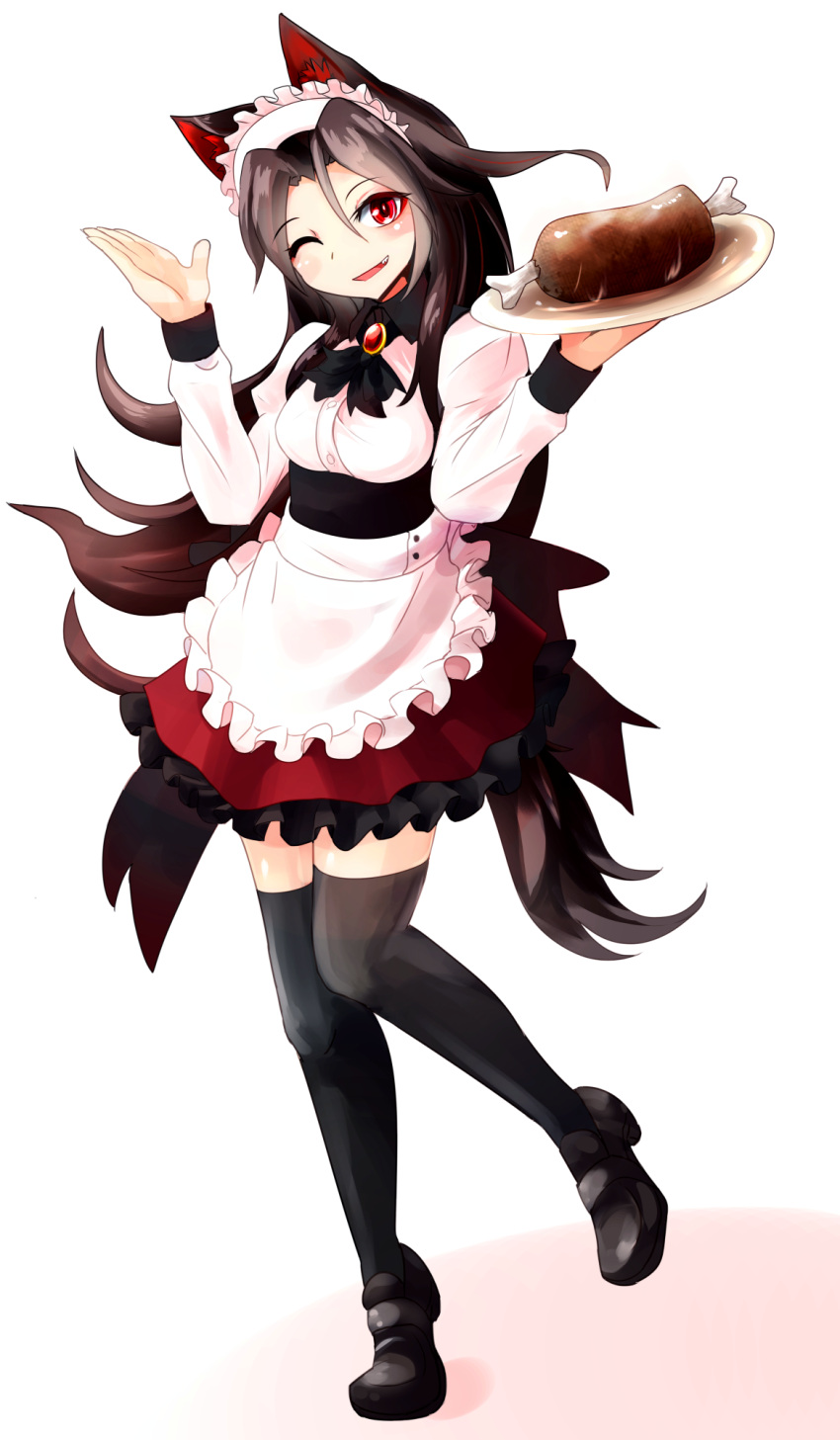 1girl, animal_ears, apron, black_legwear, brooch, brown_hair, dress, food