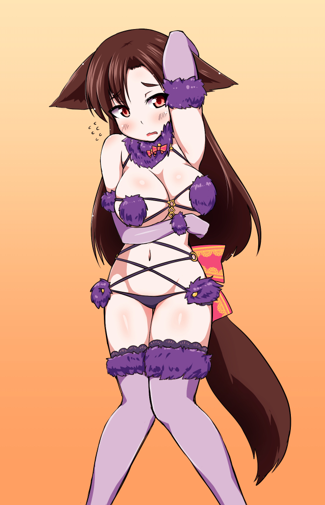 1girl, animal_ears, breasts, brown_hair, cleavage, embarrassed, fate/grand_order, fate_(series), fur, fur-trimmed_gloves, fur-trimmed_legwear, fur_trim, gradient, gradient_background, groin, imaizumi_kagerou, large_breasts, long_hair, looking_at_viewer, navel, nisshisshi, o-ring, o-ring_top, open_mouth, red_eyes, ribbon, shielder_(fate/grand_order), shielder_(fate/grand_order)_(cosplay), solo, tail, touhou, underwear, wolf_ears, wolf_tail