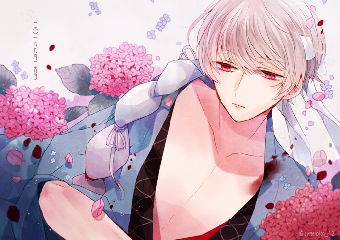 harada_sanosuke_(wasurenagusa), male_focus, red_eyes, shinsengumi, wasurenagusa_(rejet), white_hair