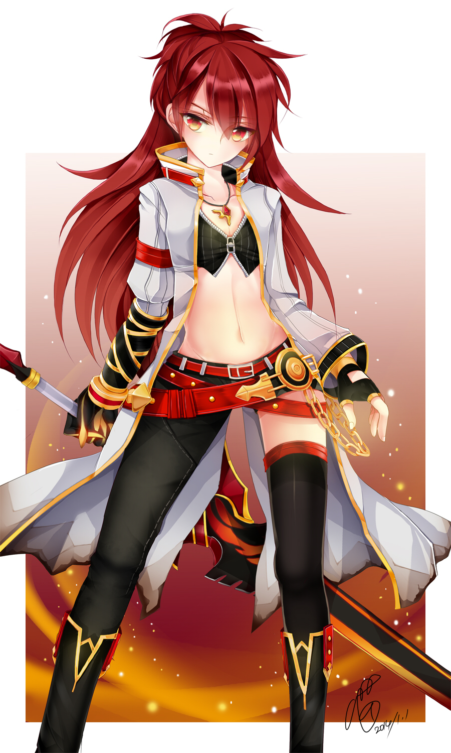 1girl, 2016, asymmetrical_gloves, asymmetrical_legwear, black_gloves, black_legwear, blazing_heart_(elsword), breasts