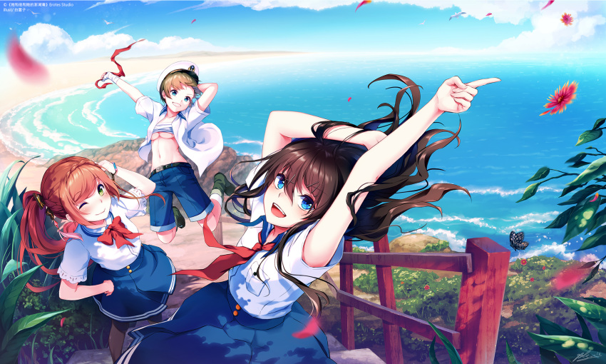 1991, 1991_(blz), 3girls, arm_up, arms_up, bandages, beach, belt