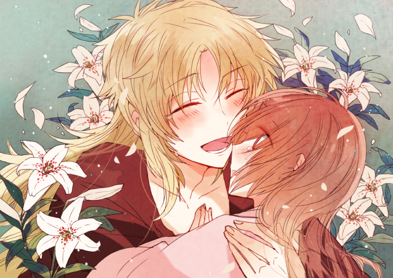 1boy, 1girl, blush, brown_eyes, brown_hair, collarbone, couple, crying, eyebrows, eyebrows_visible_through_hair, flower, hand_on_another's_chest, happy_tears, hetero, hug, japanese_clothes, kimikimi_(sisterplan_12), lily_(flower), long_hair, nagakura_shinpachi_(wasurenagusa), tears, upper_body, wasurenagusa_(rejet)