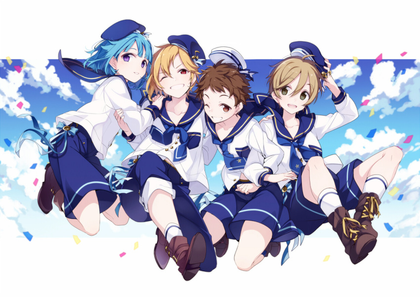 4boys, ;), adjusting_clothes, adjusting_hat, ascot, blonde_hair, blue_hair, boots, brown_eyes, brown_hair, clous, confetti, ensemble_stars!, green_eyes, grin, hat, locked_arms, looking_at_viewer, male_focus, mashiro_tomoya, multiple_boys, musical_note, nito_nazuna, one_eye_closed, open_mouth, parted_lips, quaver, rabbits_(ensemble_stars!), sailor_collar, sailor_hat, shino_hajime, short_hair, shorts, sky, smile, tenma_mitsuru, umiko_(munemiu)