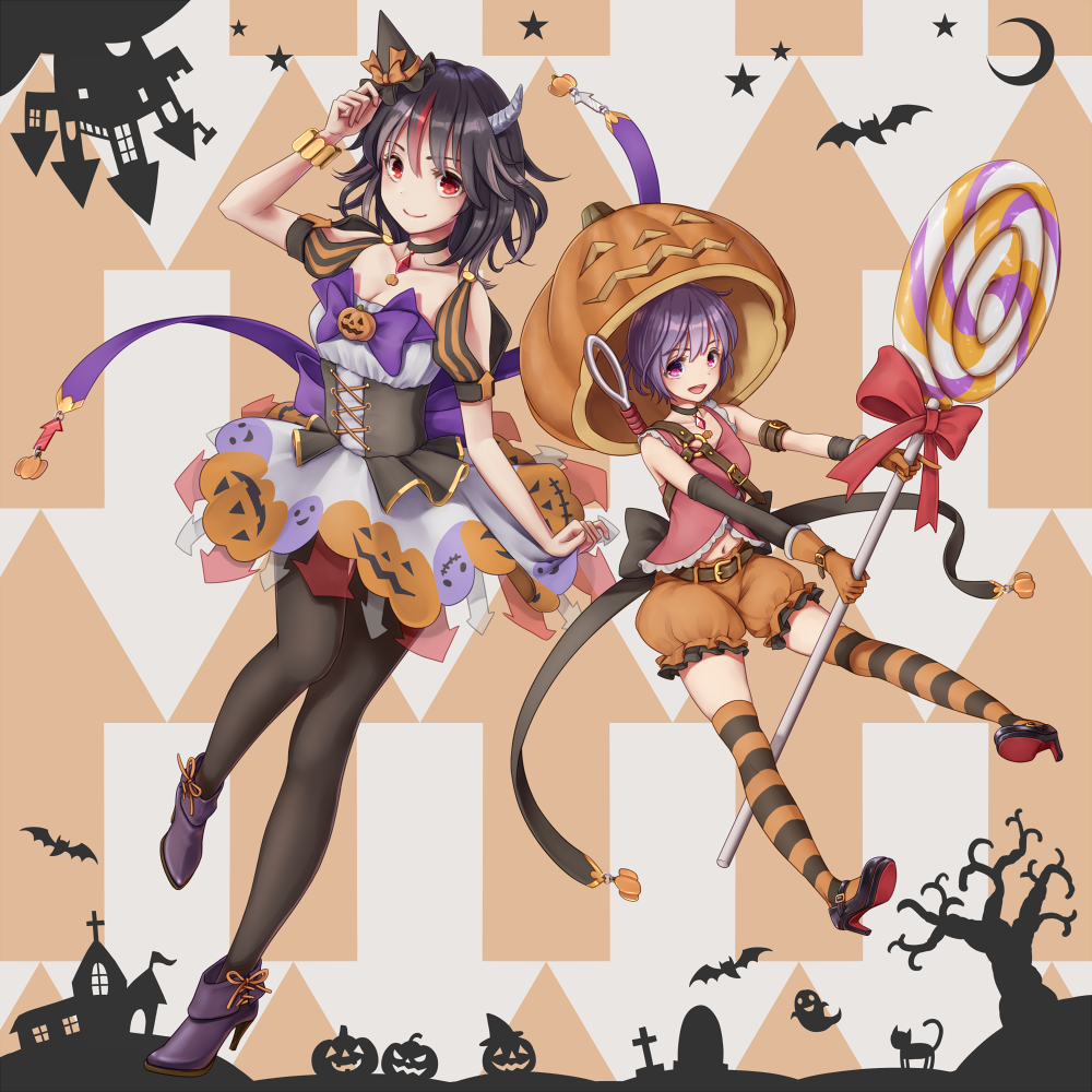 2girls, arm_warmers, armband, arrow_background, bat, belt, black_hair, black_hat