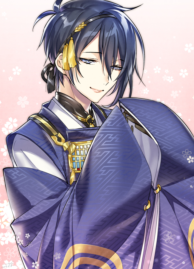 1boy, blue_eyes, blue_hair, hebino_rai, japanese_clothes, lips, male_focus, mikazuki_munechika