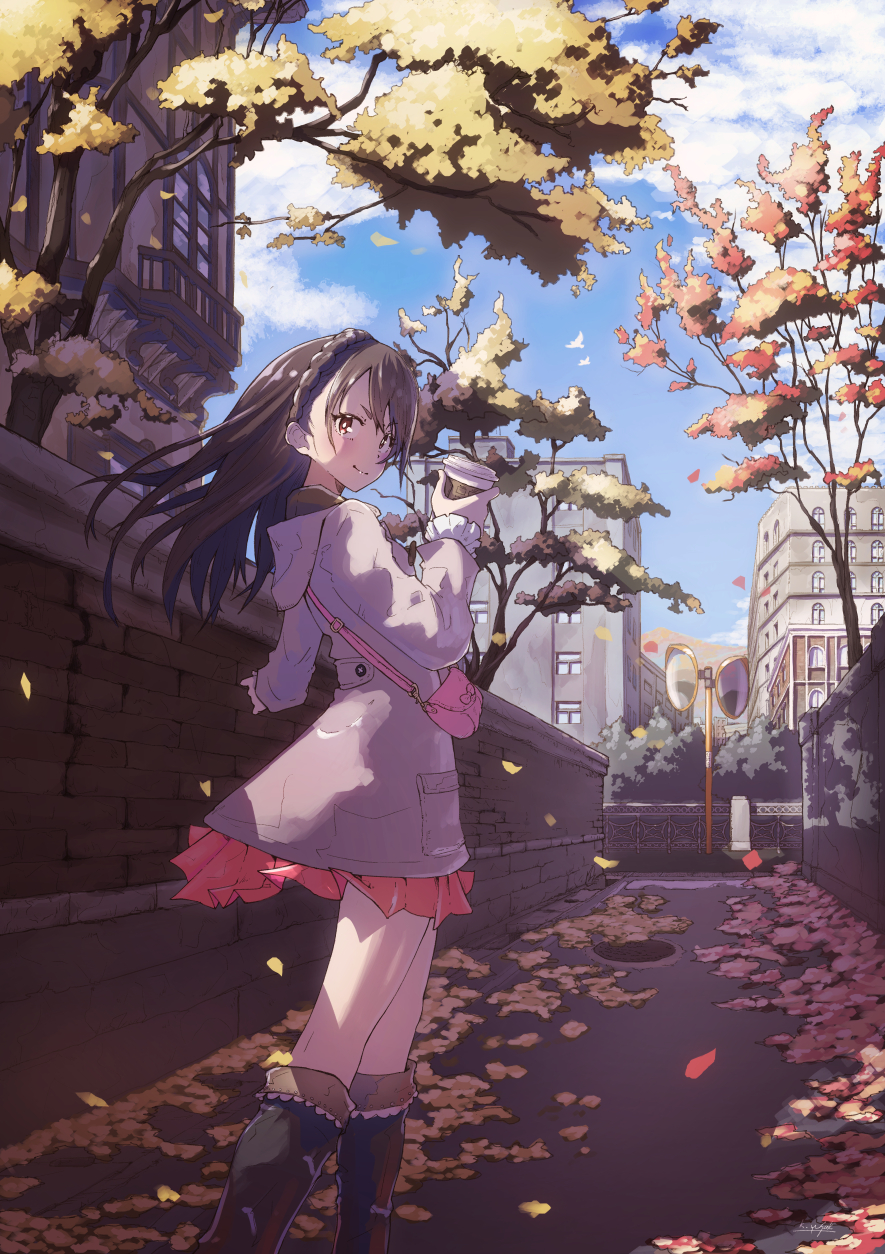1girl, alley, artist_name, autumn, autumn_leaves, bag, balcony, bird, black_boots, boots, braid, brick_wall, brown_eyes, brown_hair, building, city, closed_mouth, clouds, cloudy_sky, coat, crown_braid, cup, day, drink, flock, handbag, highres, holding, holding_cup, kagawa_yuusaku, long_hair, looking_at_viewer, looking_back, manhole_cover, original, outdoors, pink_coat, pleated_skirt, red_skirt, skirt, sky, smile, solo, tree, wind