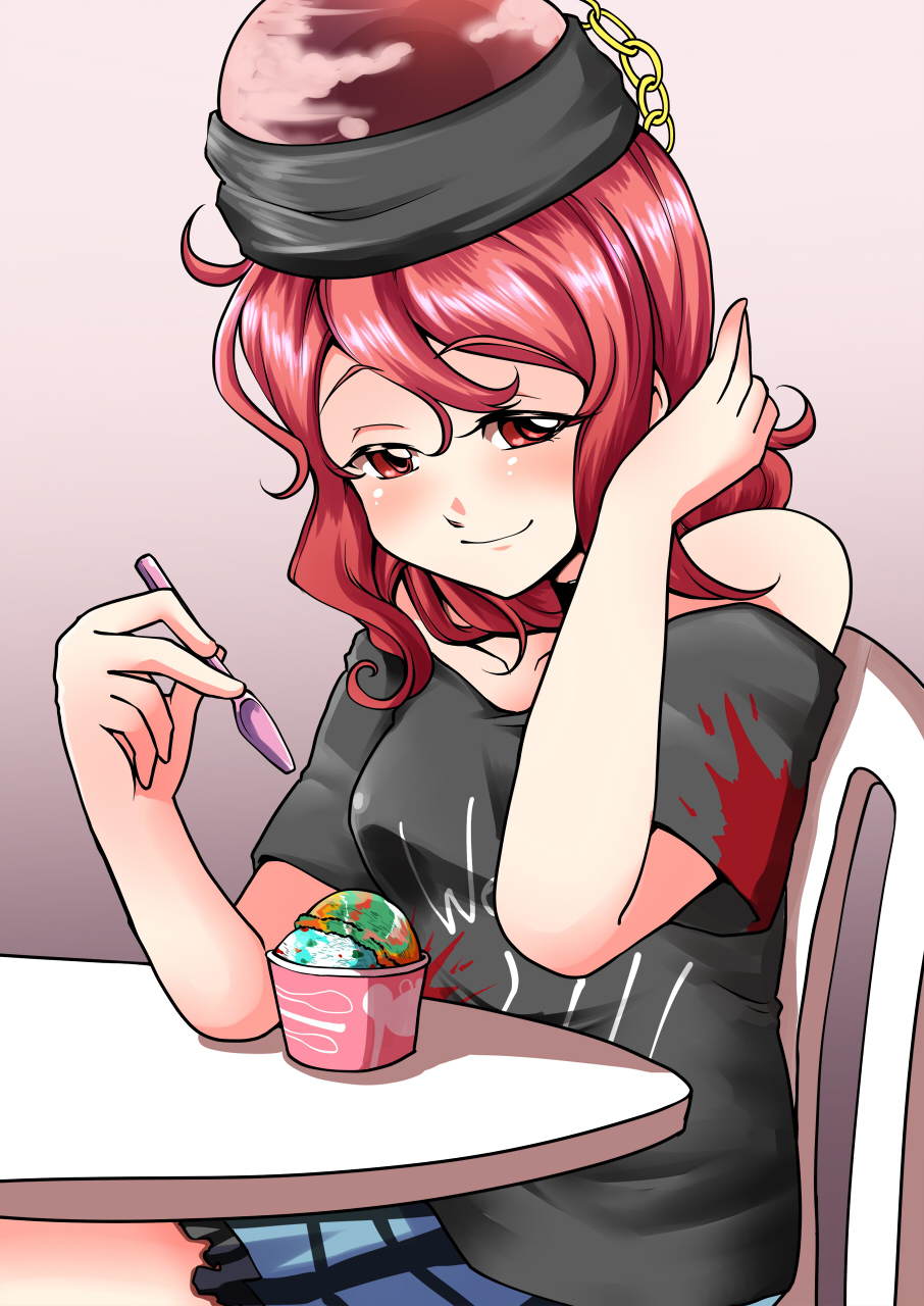 1girl, black_hat, black_shirt, chair, choker, clothes_writing, commentary_request, cowboy_shot, food, frilled_skirt, frills, gold_chain, hair_between_eyes, hat, hecatia_lapislazuli, highres, ice_cream, lavender_background, looking_at_viewer, off-shoulder_shirt, plaid, plaid_skirt, polos_crown, red_eyes, redhead, shirt, sitting, skirt, smile, solo, spoon, table, touhou, verta_(verlaine)
