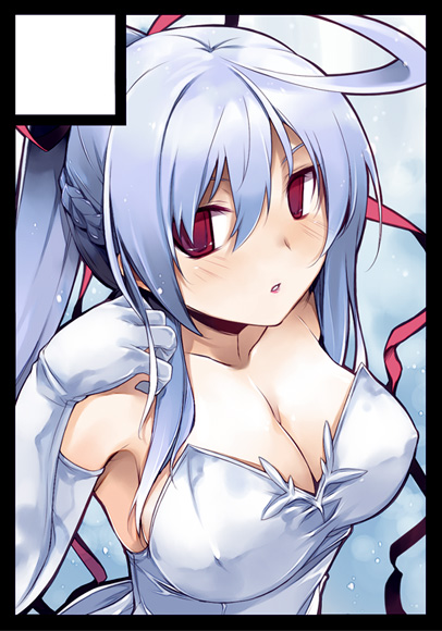 ahoge, bare_shoulders, bow, breasts, circle_cut, cleavage, dress, elbow_gloves, freudia_neuwahl, gloves, large_breasts, lipstick, ponytail, red_eyes, ribbon, rosenkreuzstilette, rosenkreuzstilette_freudenstachel, silver_hair, snow, wedding_dress