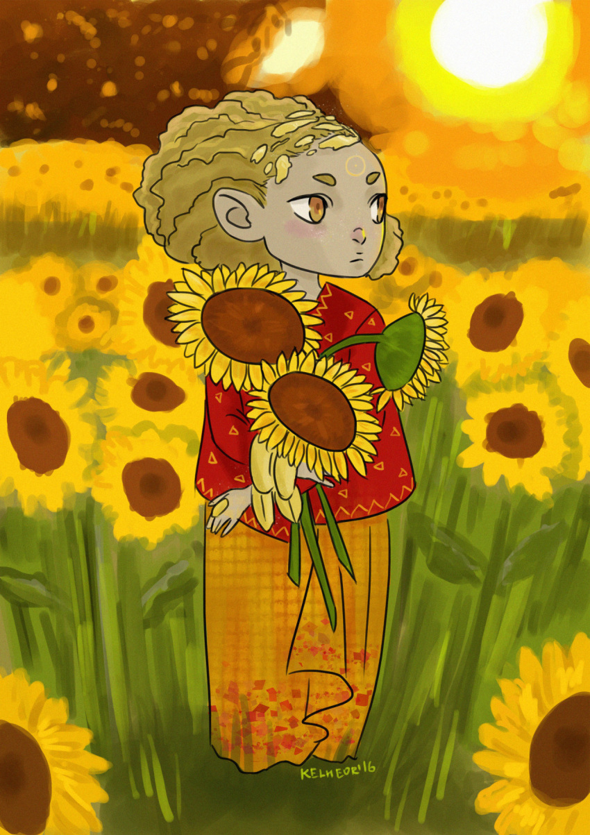 1girl, blonde_hair, flower, highres, kelheor, original, solo, sun