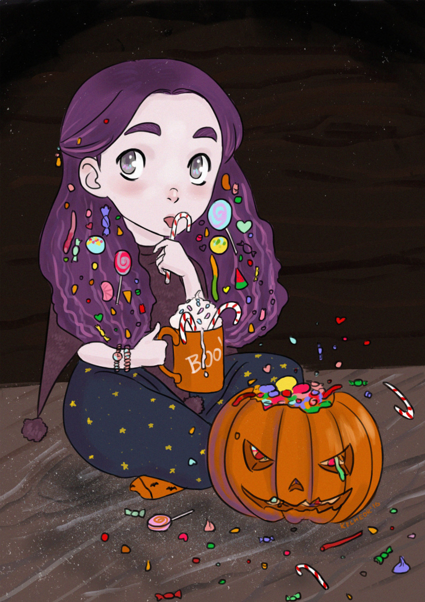 1girl, candy, halloween, highres, kelheor, lollipop, long_hair, original, pumpkin, purple_hair, solo, star, violet_eyes