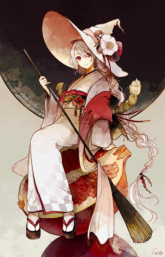 1girl, arm_support, broom, earrings, flower, food, fruit, geta, hat, hat_flower, head_tilt, japanese_clothes, jewelry, kimono, long_hair, looking_at_viewer, looking_to_the_side, low-tied_long_hair, muted_color, obi, original, pale_skin, red_eyes, sash, shawl, signature, sitting, smile, solo, tabi, tsubaki_(teatime0), white_hair, witch, witch_hat