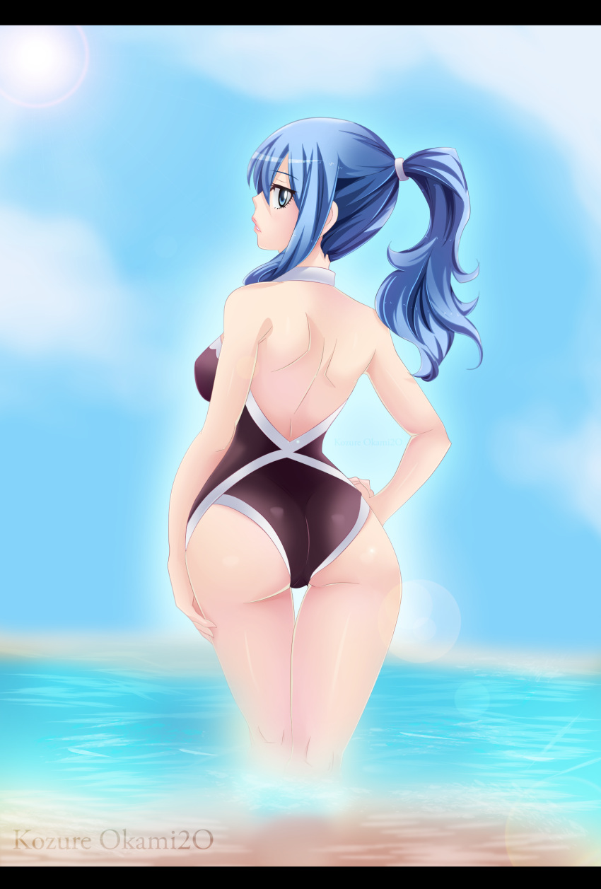1girl, ass, bikini, black, blue_hair, eyes, fairy_tail, highres, juvia_lockser, kozureokami20, skirt, solo, swimsuit, water