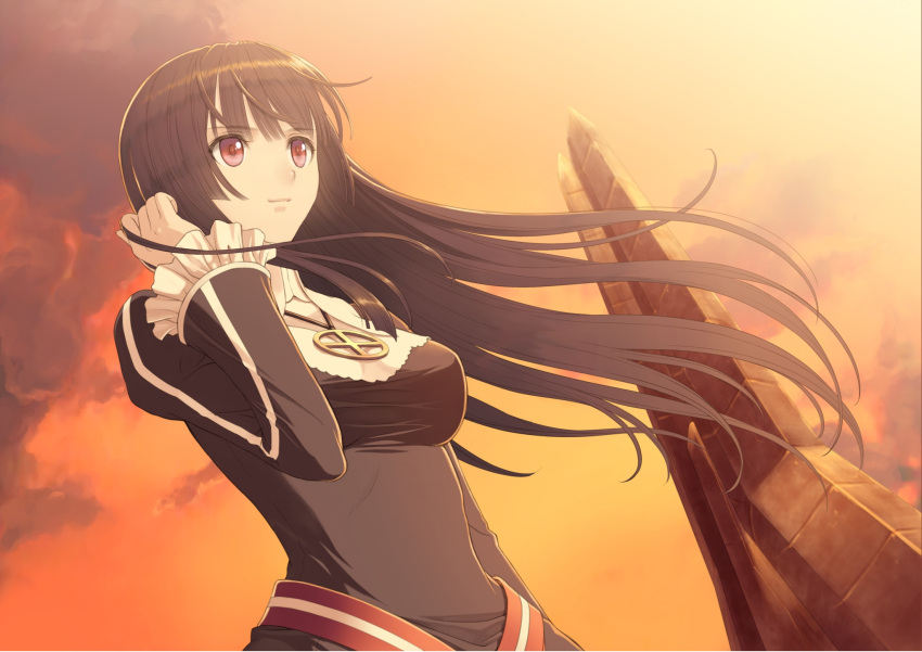 1girl, arm_up, belt, black_clothes, black_hair, blade_arcus_from_shining, blowing, body_offscreen