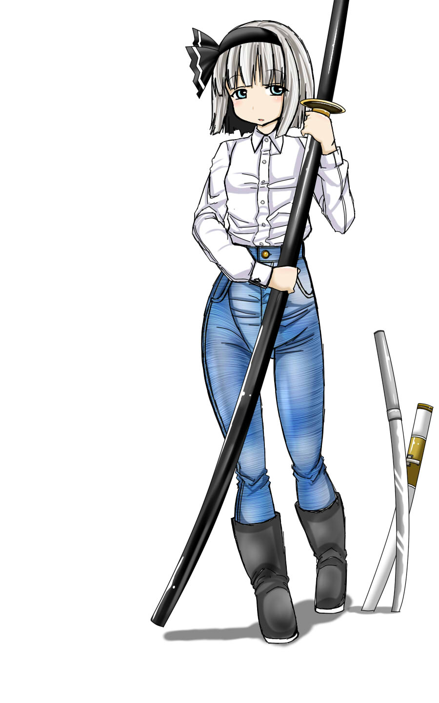 1girl, alternate_costume, black_bow, blue_eyes, boots, bow, crim0718, denim, dress_shirt, grey_hair, hair_ribbon, highres, holding, holding_sword, holding_weapon, jeans, katana, konpaku_youmu, looking_at_viewer, no_tsuba, ootachi, pants, planted_sword, planted_weapon, ribbon, sheath, sheathed, shirt, simple_background, solo, sword, touhou, wakizashi, weapon, white_background, white_shirt