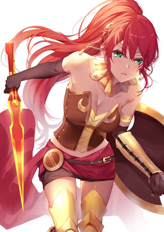 1girl, armlet, bare_shoulders, belt, black_gloves, black_skirt, breasts, buckle