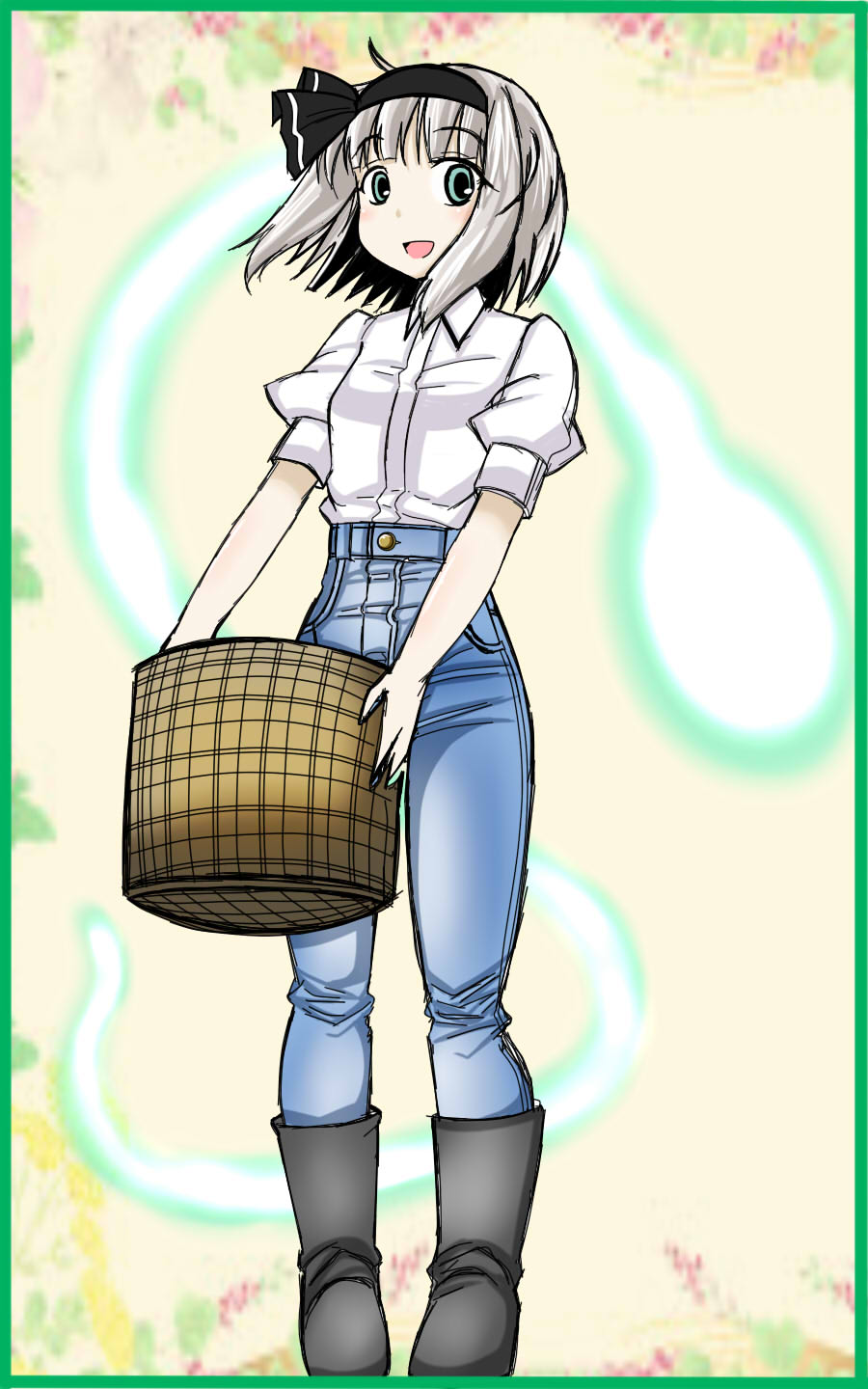 1girl, alternate_costume, basket, black_bow, blue_eyes, boots, bow, crim0718