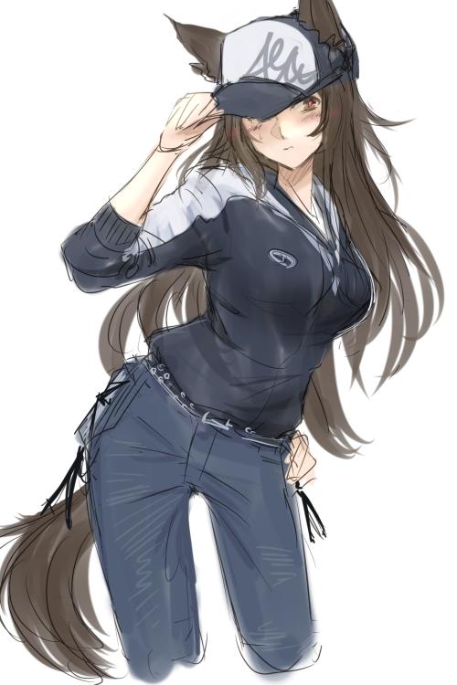 1girl, alternate_costume, animal_ears, belt, black_hat, black_jacket, blush, brown_eyes, brown_hair, commentary_request, contrapposto, cowboy_shot, cropped_legs, denim, hand_on_headwear, hand_on_hip, hat, hat_over_one_eye, imaizumi_kagerou, jacket, jeans, long_hair, one_eye_covered, pants, simple_background, sketch, solo, sweat, tail, terajin, torn_clothes, torn_hat, touhou, white_background, wolf_ears, wolf_tail