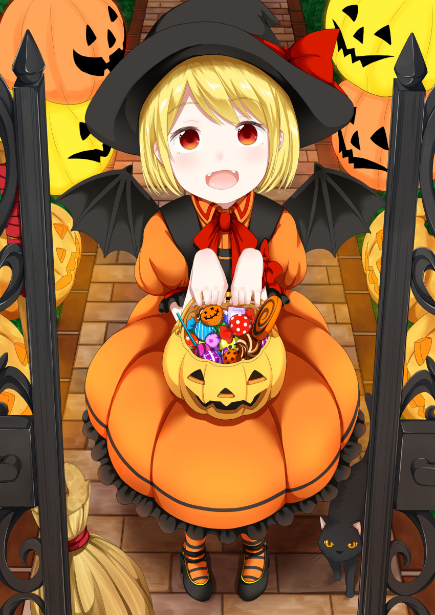 1girl, :d, absurdres, bangs, black_cat, black_legwear, blonde_hair, blush