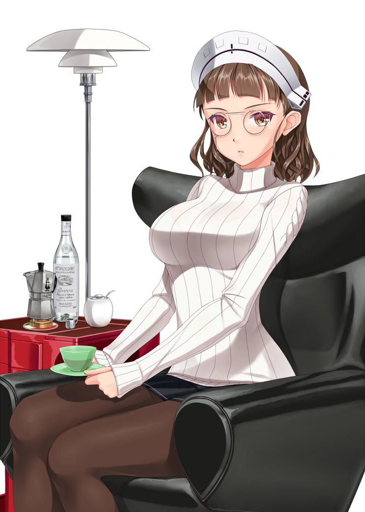 1girl, alcohol, bottle, breasts, brown_eyes, brown_hair, chair, coffee_cup, coffee_maker_(object), glasses, grappa, hobenkei, kantai_collection, lamp, large_breasts, legs, looking_at_viewer, miniskirt, pantyhose, pince-nez, pleated_skirt, ribbed_sweater, roma_(kantai_collection), saucer, sitting, skirt, solo, sugar_bowl, sweater, thighs, white_background, white_sweater