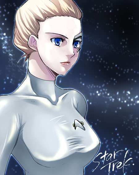 blue_eyes, celi, hair_bun, latex, lipstick, seven_of_nine, shiny, shiny_clothes