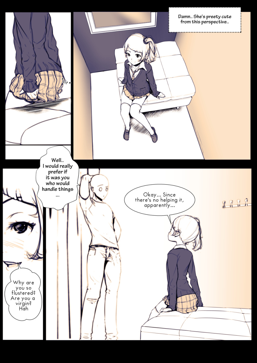 1boy, 1girl, age_difference, bald, blush, changing_room, comic, curtains