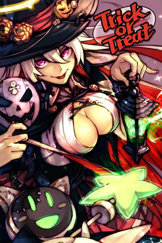 1girl, cleavage_cutout, guilty_gear, guilty_gear_xrd, hankuri, hat, jack-o_(guilty_gear), lantern