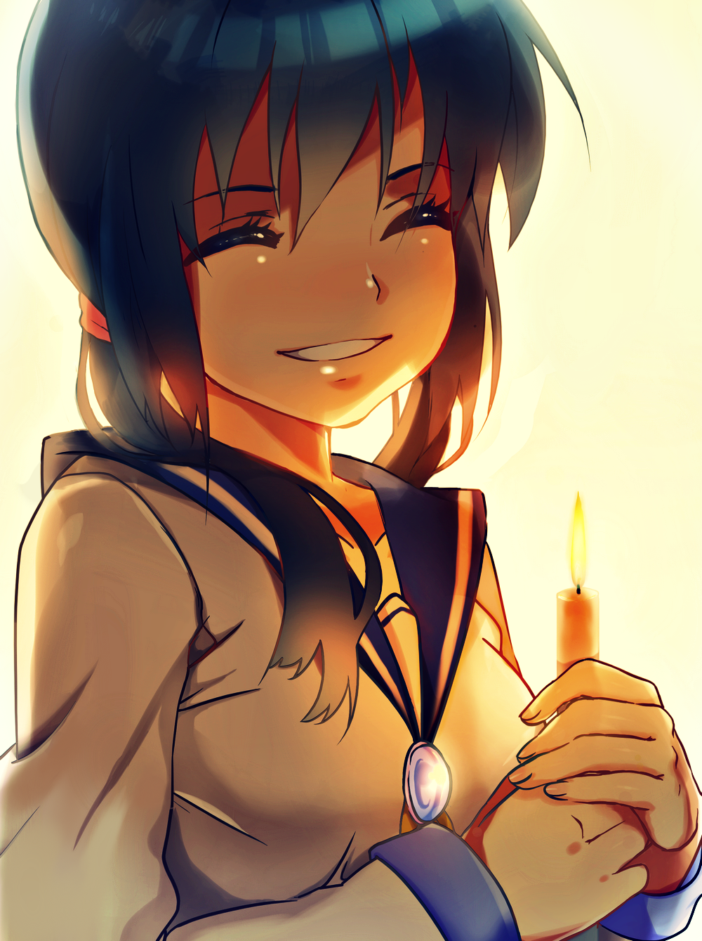 1girl, ^_^, blue_hair, blush, breasts, candle, closed_eyes, collarbone