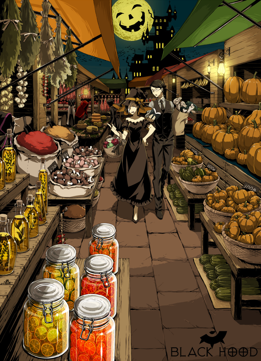 1boy, 4girls, :d, bag, banana, basket, bat, black_dress