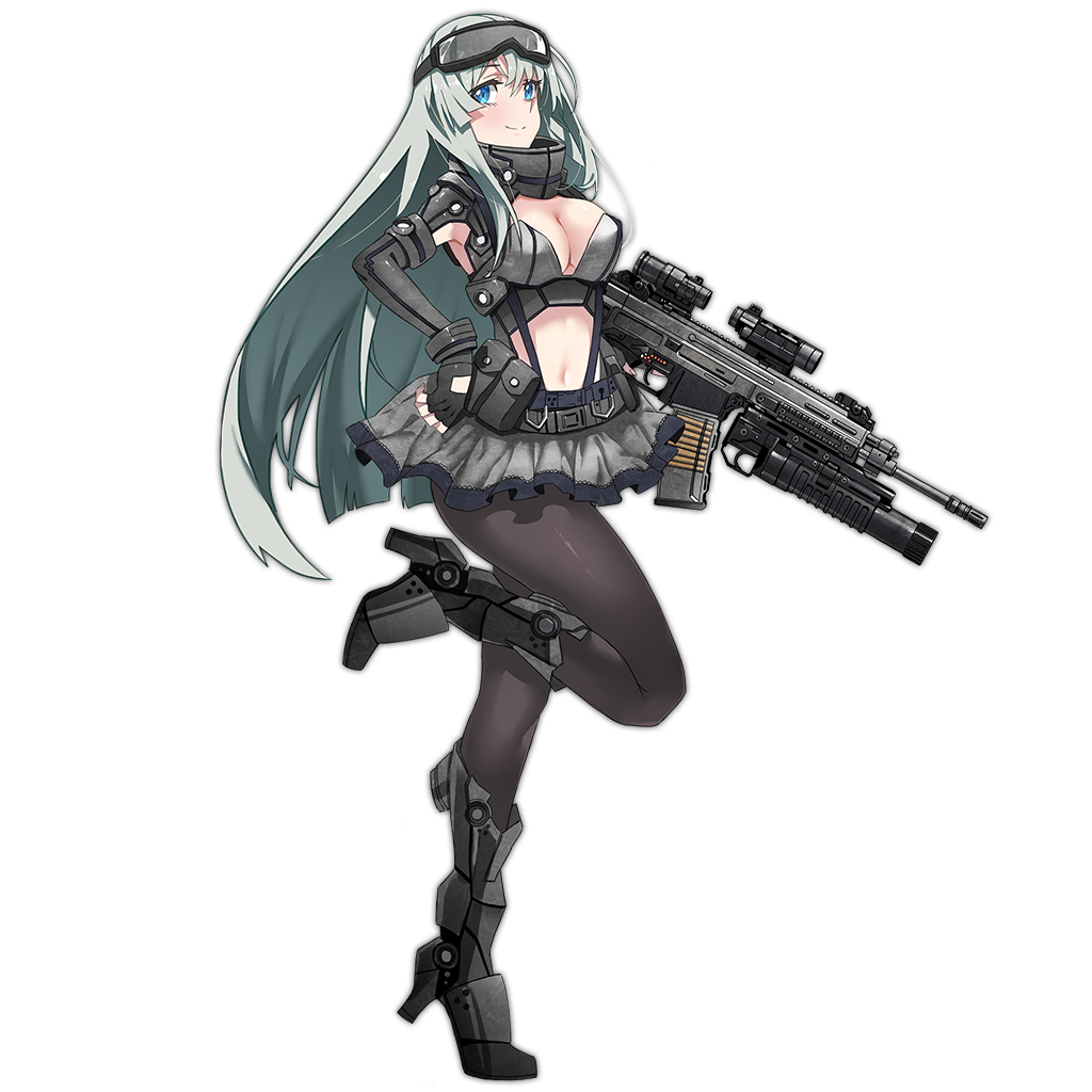 1girl, armor, artist_request, assault_rifle, black_legwear, boots, breasts, cleavage, cz-805, cz-805_(girls_frontline), detached_sleeves, fingerless_gloves, girls_frontline, gloves, goggles, goggles_on_head, green_hair, grenade_launcher, gun, hand_on_hip, high_heels, leg_up, long_hair, navel_cutout, pantyhose, rifle, skirt, smile, tagme, weapon