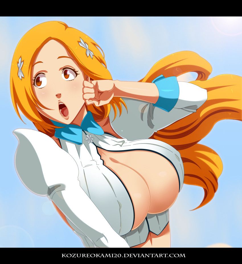 1girl, bleach, blush, brown, cleavage, cleavage_cutout, eyeshadow, hair, highres, inoue_orihime, kozureokami20, large_breasts, long_hair, makeup, open_mouth, orange_hair, range, solo