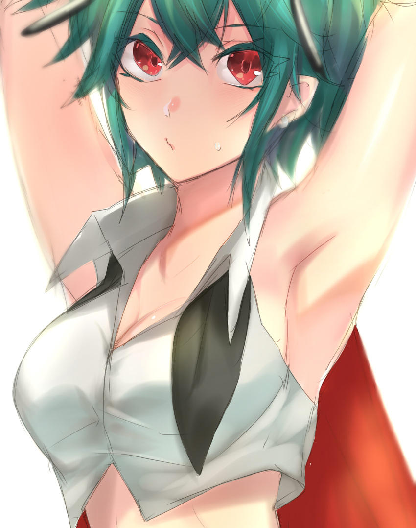 1girl, :/, adapted_costume, armpits, arms_up, bare_arms, bifrst, breasts