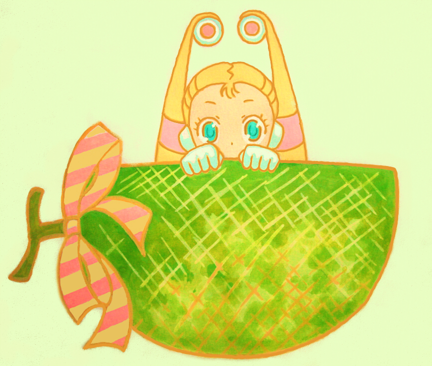 blue_eyes, capcom, food, fruit, hiding, maikeru, melon, palette_(rockman), palette_(rockman_x), ribbon, rockman, rockman_x, short_twintails, shy, twintails