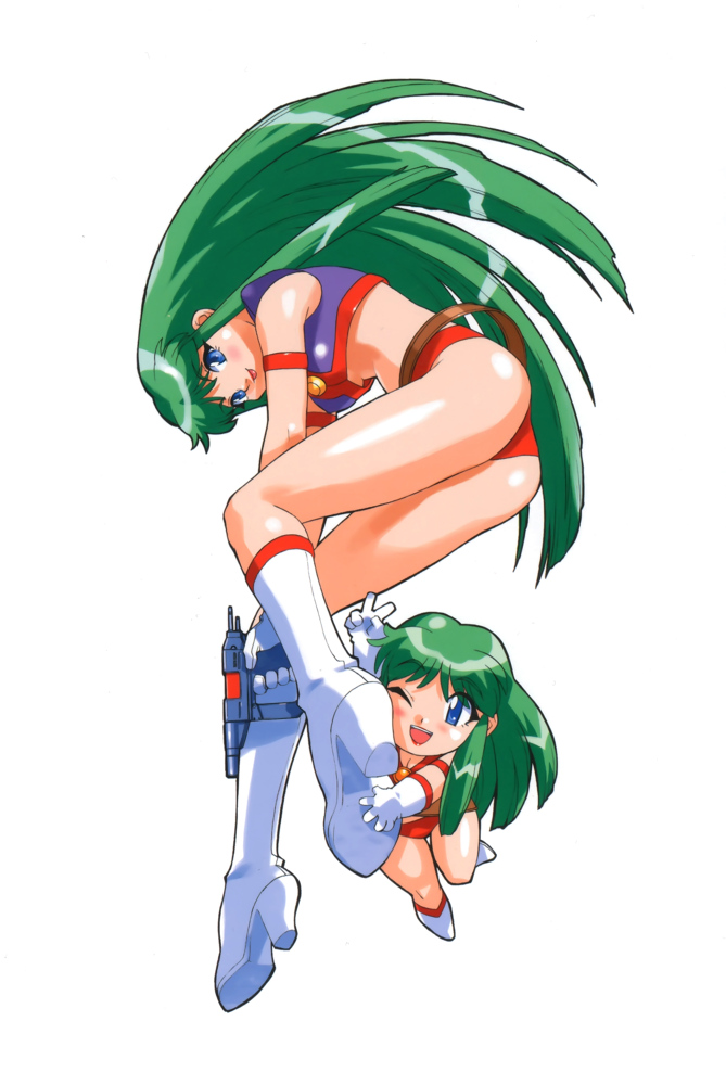 2girls, arm_strap, beltskirt, blue_eyes, boots, green_hair, gun, high_heels