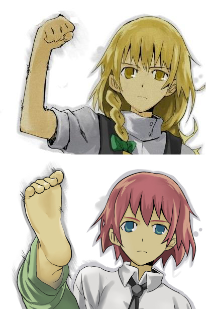 asaki, bad_id, barefoot, blonde_hair, blue_eyes, bow, braid, brown_hair