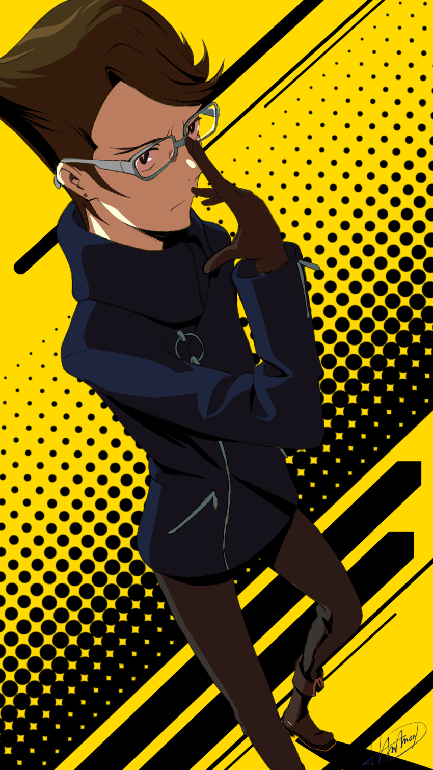 1boy, adjusting_glasses, boots, brown_boots, brown_gloves, brown_hair, glasses, gloves