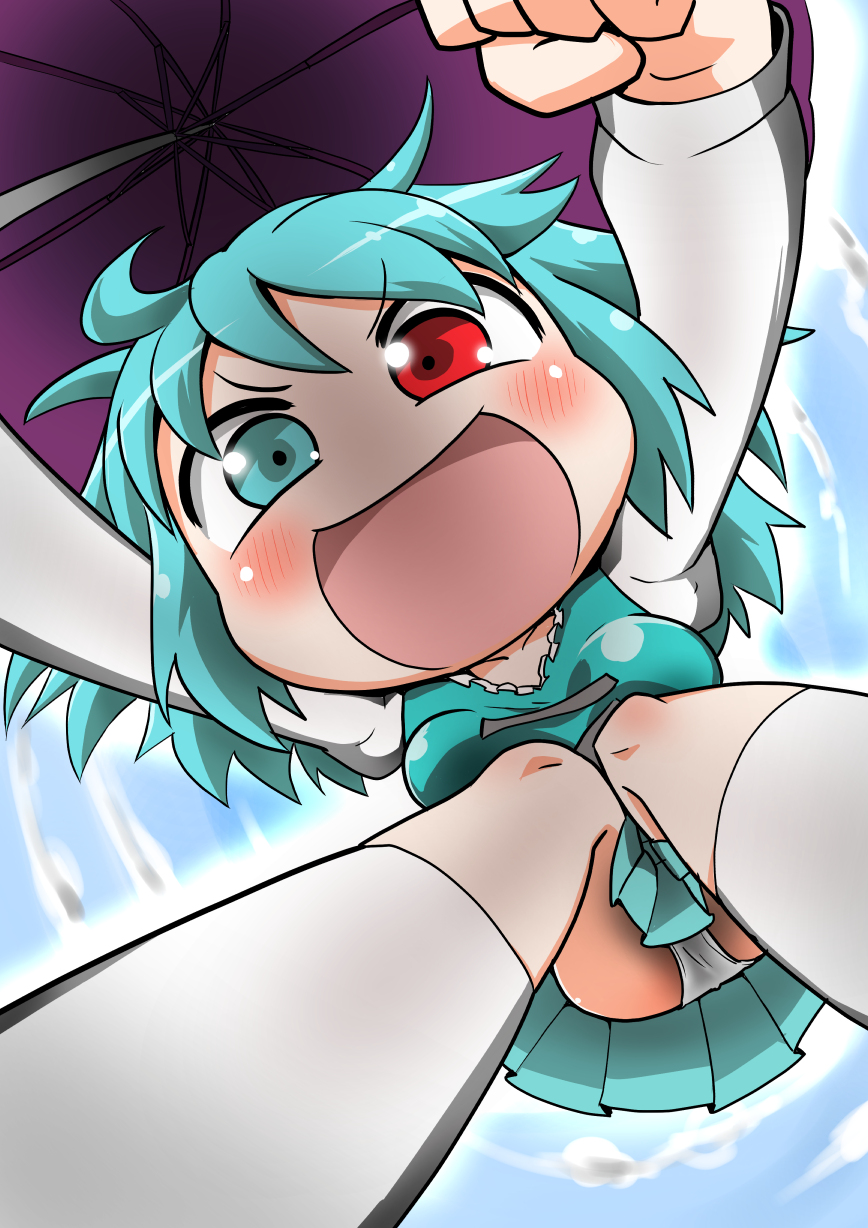 1girl, blue_eyes, blue_hair, blue_skirt, blush, breasts, hajimu_orbital, heterochromia